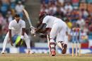 West Indies batsman Jermaine Blackwood plays a shot during day three of the final match of a three-match Test series against England in Bridgetown, Barbados, on May 3, 2015
