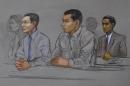 This courtroom sketch shows defendants Azamat Tazhayakov, left, Dias Kadyrbayev, center, and Robel Phillipos, right, college friends of Boston Marathon bombing suspect Dzhokhar Tsarnaev, during a hearing in federal court Tuesday, May 13, 2014, in Boston. Judge Douglas Woodlock ruled the three men will be tried separately, but their trials do not need to be moved out of Massachusetts. Kadyrbayev and Tazhayakov are Kazakhstan nationals charged with tampering with evidence for removing Tsarnaev's laptop and a backpack containing fireworks from his college dorm room shortly after last year's fatal bombing. Phillipos, of Cambridge, Mass., is charged with lying to investigators. (AP Photo/Jane Flavell Collins)