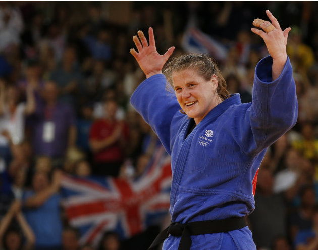 Britain's Karina Bryant celebrates after winning her women's  78kg bronze medal judo match against Ukraine's Iryna Kindzerska at the London 2012 Olympic Games