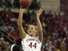 Stanford's Joslyn Tinkle puts a shot up over a South Carolina defender in the first half of an NCAA women's tournament regional semifinal college basketball game Saturday, March 24, in Fresno, Calif. (AP Photo/Gary Kazanjian)