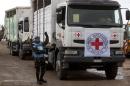 A UN soldier stands as trucks with the ICRC (International Committee of the Red Cross) logo cross the Quneitra crossing between an Israeli controlled area of the Golan Heights and Syria on February 15, 2011