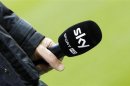 A microphone of Sky Sport TV station is seen before the German Bundesliga first division soccer match between Bayern Munich and Hoffenheim in Munich