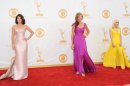 Cobie Smulders, from left, Allison Janney, and Anna Faris arrive at the 65th Primetime Emmy Awards at Nokia Theatre on Sunday Sept. 22, 2013, in Los Angeles. (Photo by Jordan Strauss/Invision/AP)