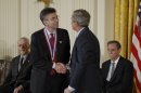 Handout photo of Lefkowitz being congratulated by then U.S. President Bush after receiving the National Medal of Science in Washington