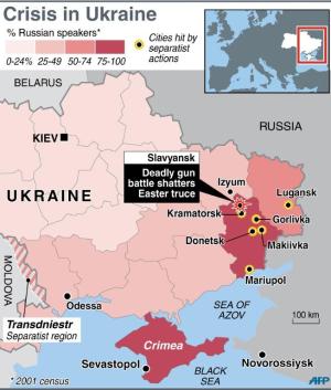 Map of eastern Ukraine locating the town of Slavyansk, &hellip;