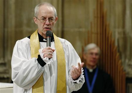 The new Archbishop of Canterbury Justin Welby speaks to the congregation during his first service at Canterbury Cathedral in southern England March 23, 2013. REUTERS/Luke MacGregor