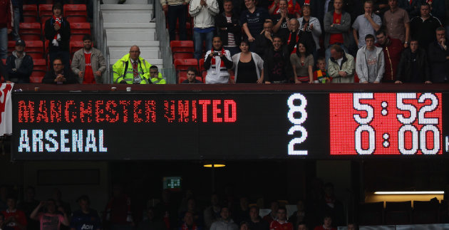 MANCHESTER, ENGLAND - AUGUST 28: The scoreboard shows the final score of the Barclays Premier League match between Manchester United and Arsenal at Old Trafford on August 28, 2011 in Manchester, England. (Photo by Alex Livesey/Getty Images)