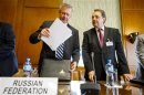 Russia Deputy Minister for Foreign Affairs Bogdanov and Deputy Minister for Foreign Affairs Gatilov prepare for a meeting on Syria at UN in Geneva