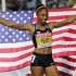 USA's Allyson Felix celebrates winning bronze in the Women's 200m final at the World Athletics Championships in Daegu, South Korea, Friday, Sept. 2, 2011. (AP Photo/Anja Niedringhaus)