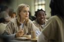FILE - This image released by Netflix shows Taylor Schilling, left, and Uzo Aduba in a scene from "Orange Is the New Black." At the Emmy Awards being held Monday, Aug. 25, 2014, in Los Angeles, the prison-set dark comedy 