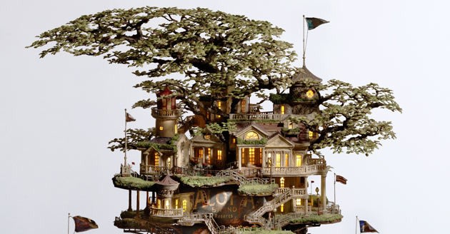 Japanese artist, Takanori Aiba, 3-D art, three-dimensional wood carving, architecture, amazing art, bonsai trees, Japanese culture, Japanese decor