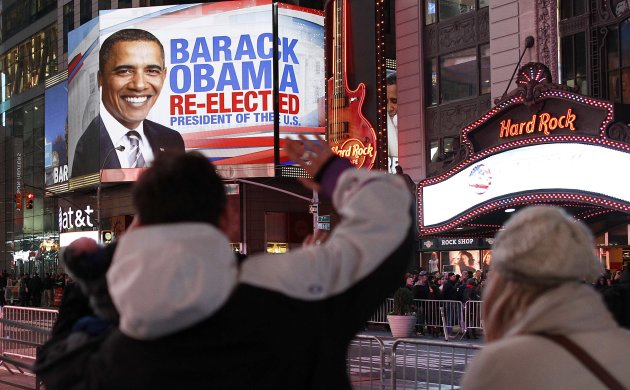 People celebrate in Times Square after Barack Obama was projected to win the U.S presidential election in New York