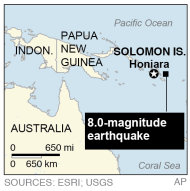 Map locates an 8.0-magnitude earthquake that generated a 0.9 meter (3 feet) tsunami in the Solomon Islands;