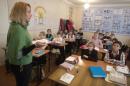 School children listen to their teacher in Donetsk school number 32 on November 18, 2014