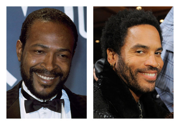 FILE - This combination of 1983 and 2012 file photos shows Marvin Gaye, left, and Lenny Kravitz. Kravitz has signed on for his first leading film role, playing Gaye in a biopic that will be shot in 2013, according to his publicist on Tuesday, Nov. 27, 2012. (AP Photo/Doug Pizac, Chris Pizzello)