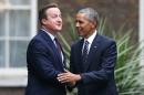 British Prime Minister David Cameron (L) greets US President Barack Obama as Obama arrives for talks at Downing Street in central London on April 22, 2016