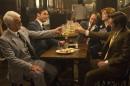 This image released by AMC shows, from left, John Slattery as Roger Sterling, Jon Hamm as Don Draper, Vincent Kartheiser as Pete Campbell, Christina Hendricks as Joan Harris and Kevin Rahm as Ted Chaough, in a scene from the final season of "Mad Men." The series finale airs on Sunday. (Justina Mintz/AMC via AP)