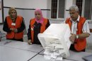 Election officials prepare to count ballots after the polls closed for municipal elections at a polling station in the West Bank city of Hebron