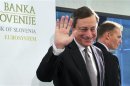 European Central Bank President Draghi waves after a news conference after the Governing Council Meeting of the European Central Bank in Brdo