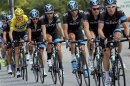 Race leader's yellow jersey holder Team Sky rider Froome of Britain cycles with team mates during the 168 km sixteenth stage of the centenary Tour de France cycling race from Vaison-La-Romaine to Gap