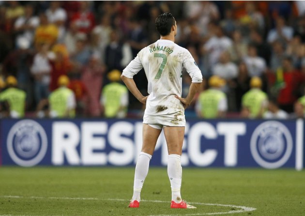 Portugal&#39;s Cristiano Ronaldo reacts at the end of the penalty shoot-out of their Euro 2012 semi-final soccer match against Spain in Donetsk