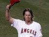 Los Angeles Angels starting pitcher Jered Weaver celebrates his no hitter against the Minnesota Twins at a baseball game in Anaheim, Calif., Wednesday, May 2, 2012. (AP Photo/Chris Carlson)