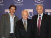 In a photo provided by the Major League Baseball Players Association, Michael Weiner, left, MLBPA executive director; Marvin Miller, center, former head of the association; and Donald Fehr, former MLBPA executive director and currently the executive director of the NHL Players' Association, gather for a photo Tuesday, April 24, 2012, at New York University School of Law in New York, where Miller discussed the 40th anniversary of the first baseball strike. (AP Photo/MLBPA, Ashton Ramsburg)