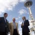 Buzz Aldrin, former astronaut, center, and Richard Garriott, first second-generation space traveler, right, talk about space exploration outside the Space Needle on Sunday, July 31, 2011, in Seattle as Ron Sevart, CEO of the Space Needle, left, listens in. Aldrin and Garriott were at the Space Needle to help promote a contest sponsored by the Needle to celebrate its 50th anniversary by sending a member of the general public into space.     (AP Photo/Joe Nicholson)