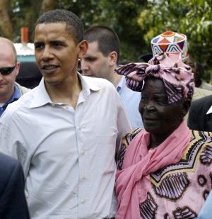 Barack Obama greets his grandmother Sarah Obama at …