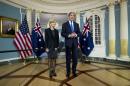 Secretary of State John Kerry, accompanied by Australian Foreign Minister Julie Bishop, speaks to reporters at the State Department in Washington, Wednesday, Jan. 21, 2015. Earlier, Bishop called for a U.S.-led international coalition to combat the 