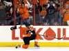 Philadelphia Flyers center Danny Briere (48) reacts after his goal in the second period of Game 1 against the New Jersey Devils in a second-round NHL Stanley Cup hockey playoff series, Sunday, April 29, 2012, in Philadelphia. (AP Photo/Alex Brandon)