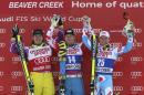 From left, second-place finisher Kjetil Jansrud, of Norway, first-place finisher Hannes Reichelt, of Austria, and third-place finisher Alexis Pinturault, of France, pose on the podium after the men's World Cup super-G skiing event, Saturday, Dec. 6, 2014, in Beaver Creek, Colo. (AP Photo/Alessandro Trovati)