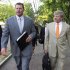Former Major League Baseball pitcher Roger Clemens, and his attorney Rusty Hardin, arrive at federal court in Washington in Washington, Monday, April 16, 2012, for jury selection in the perjury trial on charges that he lied when he told Congress he never used steroids and human growth hormone.  (AP Photo/Manuel Balce Ceneta)
