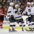 Los Angeles Kings' Drew Doughty celebrates with his teammates after scoring against the New Jersey Devils during the first period in Game 2 of the NHL Stanley Cup hockey final in Newark
