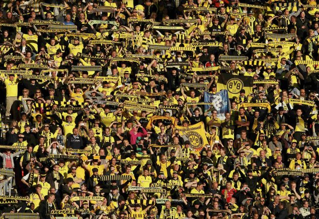 Borussia Dortmund fans sing during Champions League Final soccer match against Bayern Munich at Wembley Stadium in London