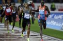 Ethiopia's Aman celebrates as he won the men's 800m race in front of Rudisha of Kenya during the Weltklasse Diamond League meeting in Zurich