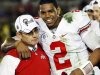 FILE - This Jan. 1, 2010 file photo shows Ohio State head coach Jim Tressel, left, and MVP Terrelle Pryor celebrating after winning the Rose Bowl NCAA college football game against Oregon  in Pasadena, Calif.   One million dollars is a conservative estimate on Ohio State's tab for investigations and penalties for cleaning up the mess left when Tressel didn't report potential improper benefits to his superiors and played ineligible players during 2010, including Pryor. (AP Photo/Mark J. Terrill,File)