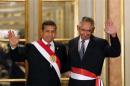 Peru's President Humala greets new Prime Minister Cornejo in Lima