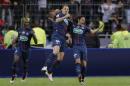 PSG's Zlatan Ibrahimovic, center, reacts, with PSG's Edinson Cavani, right, after scoring his side second goal during the French Cup final soccer match between Marseille and PSG at the Stade de France Stadium, in Saint Denis, North of Paris, Saturday, May 21, 2016. (AP Photo/Francois Mori)