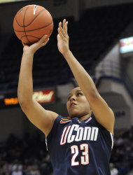 Connecticut's Kaleena Mosqueda-Lewis hits a 3-point basket in the first half of an NCAA college basketball game against Notre Dame in the final of the Big East women's tournament in Hartford, Conn., Tuesday, March 6, 2012. (AP Photo/Jessica Hill)