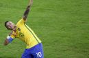 Brazil's Neymar celebrates after scoring his team's first goal on a free kick during the final match of the mens's Olympic football tournament between Brazil and Germany at the Maracana stadium in Rio de Janeiro, Brazil, Saturday Aug. 20, 2016. (AP Photo/Luca Bruno)