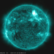 This colorized NASA image, taken Monday, Jan. 23, 2012, from the Solar Dynamics Observatory, shows a flare shooting out of the top of the sun. It was taken in a special teal wavelength to best see the flare. Space weather officials say the strongest solar storm in more than six years is already bombarding Earth with radiation with more to come. The Space Weather Prediction Center in Colorado observed a flare Sunday night at 11 p.m. EST. Physicist Doug Biesecker said the biggest concern from the speedy eruption is the radiation, which arrived on Earth an hour later. It will likely continue through Wednesday. It's mostly an issue for astronauts' health and satellite disruptions. It can cause communication problems for airplanes that go over the poles. (AP Photo/NASA)