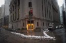 Sandbags block the entrance of New York Stock Exchange in downtown Manhattan as super storm Sandy made its approach in New York