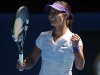 China's Li Na celebrates after defeating Russia's Maria Sharapova in their semifinal match at the Australian Open tennis championship in Melbourne, Australia, Thursday, Jan. 24, 2013. (AP Photo/Andrew Brownbill)