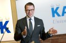 Prince Daniel of Sweden announces the birth of his first child to the press at the Karolinska University Hospital in Stockholm, Thursday, Feb. 23, 2012. Sweden's Crown Princess Victoria gave birth to her first child early Thursday, a baby girl that is second in line to the throne, her husband, Prince Daniel, said. (AP Photo/Jonas EkstrÃ¶me) SWEDEN OUT