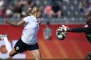 Norway's forward Ada Hegerberg challenges Ivory Coast's goalkeeper Cynthia Djohore during a Group B match at the 2015 FIFA Women's World Cup at Moncton Stadium, New Brunswick on June 15, 2015