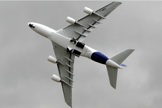 An Airbus A380 performs a demonstration flight at the 49th Paris Air Show at Le Bourget airport, east of Paris, Wednesday June 22, 2011. (AP Photo/Francois Mori)