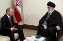 In this Monday, Nov. 23, 2015 photo released by an official website of the office of the Iranian supreme leader, Supreme Leader Ayatollah Ali Khamenei, right, listens to Russian President Vladimir Putin during their meeting in Tehran, Iran. (Office of the Iranian Supreme Leader via AP)