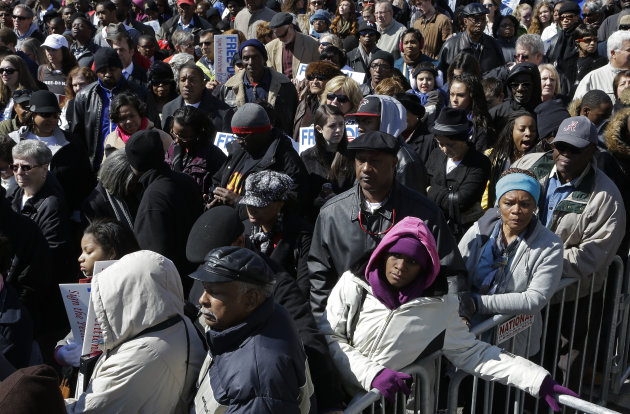 Thousands of residents await the arrival of Vice President Joe Biden for the annual Bridge Crossing Ceremony in Selma, Ala., Sunday, March 3, 2013. Biden is traveling to Selma on Sunday to participate in the Bridge Crossing Jubilee. The event commemorates the 1965 march, which prompted Congress to pass the Voting Rights Act and add millions of African-Americans to Southern voter rolls. (AP Photo/Dave Martin)