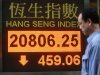 A man walks past a screen showing the Hong Kong's Hang Seng index which lost 2.16 percent to 20,806.25 outside a bank in Hong Kong Tuesday, March 6, 2012. Asian stock markets slid Tuesday over worries about slower economic growth in China and a possible snag in the deal for Greece to get its bailout money.  (AP Photo/Kin Cheung)